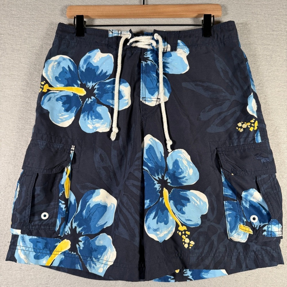 Vintage Abercrombie & Fitch XL‎ Navy Blue Hibiscus Floral Cargo Board Shorts
